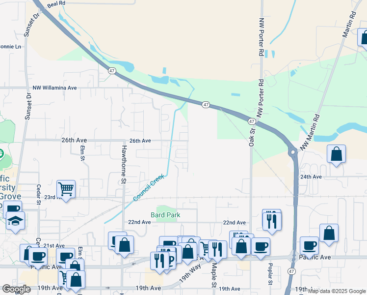 map of restaurants, bars, coffee shops, grocery stores, and more near 2524 Carson Loop in Forest Grove