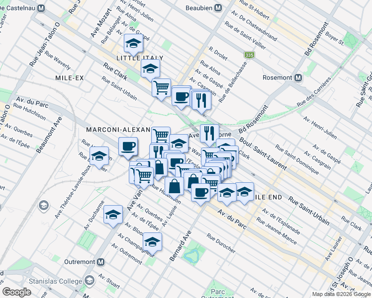 map of restaurants, bars, coffee shops, grocery stores, and more near 6082 Rue Waverly in Montréal