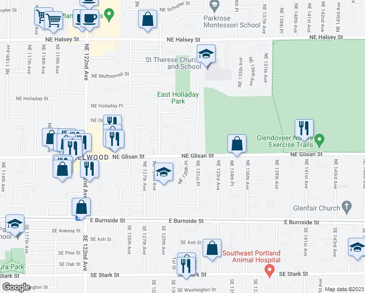 map of restaurants, bars, coffee shops, grocery stores, and more near 13007 Northeast Glisan Street in Portland