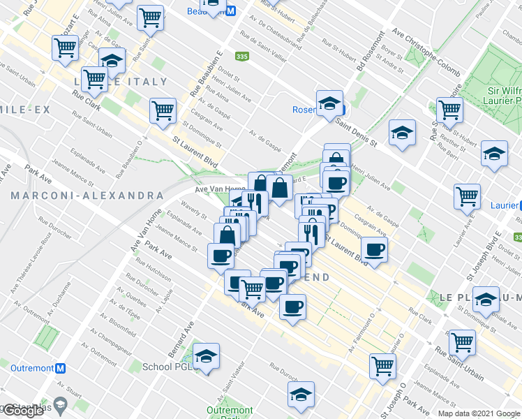 map of restaurants, bars, coffee shops, grocery stores, and more near 27 Rue Bernard Ouest in Montréal
