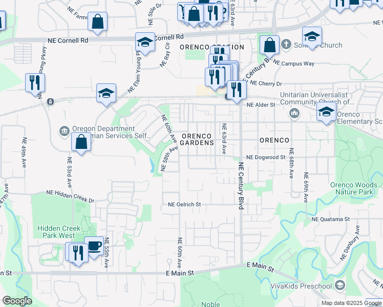 map of restaurants, bars, coffee shops, grocery stores, and more near 504 Northeast Caden Avenue in Hillsboro