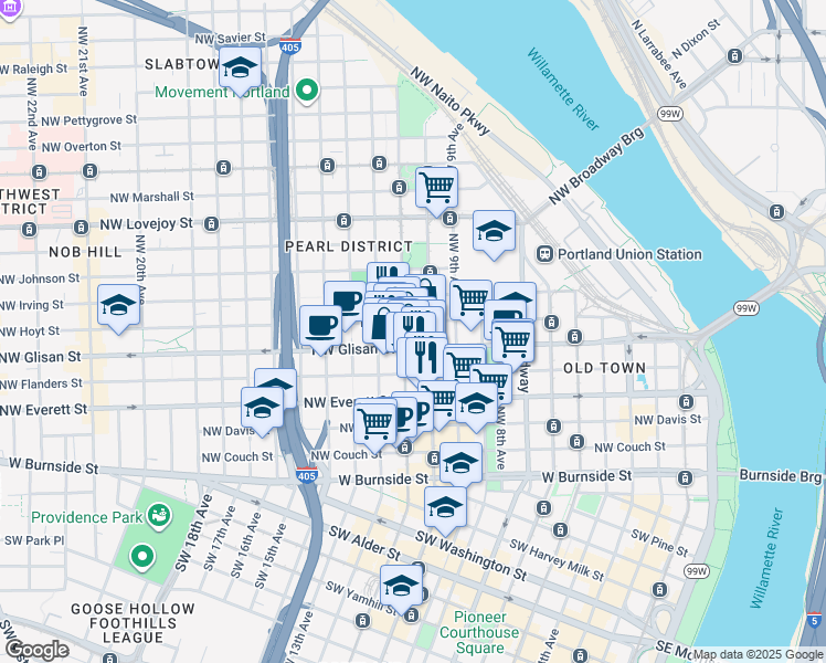 map of restaurants, bars, coffee shops, grocery stores, and more near in Portland
