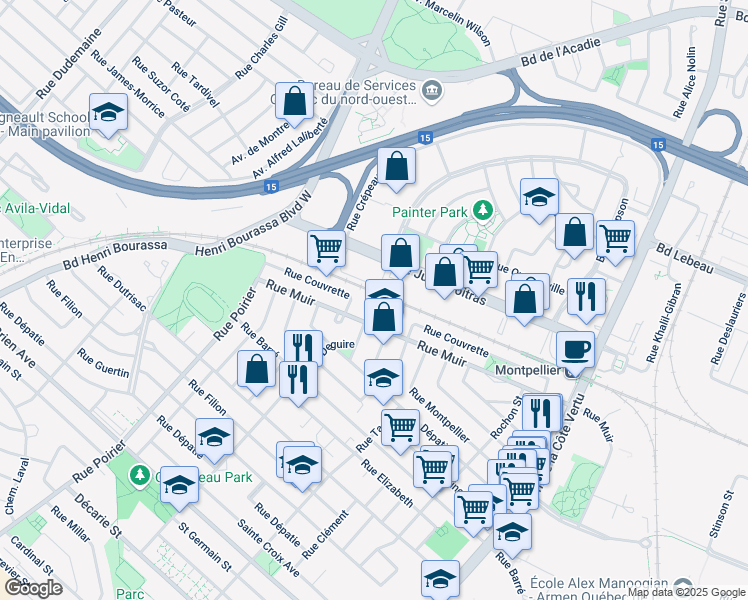 map of restaurants, bars, coffee shops, grocery stores, and more near 239 Rue Deguire in Montréal