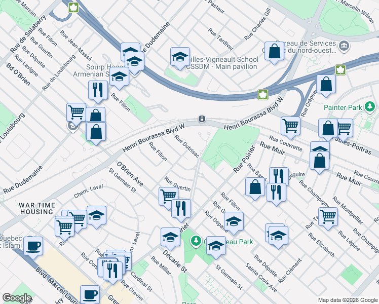 map of restaurants, bars, coffee shops, grocery stores, and more near 2000 Rue Dutrisac in Montréal