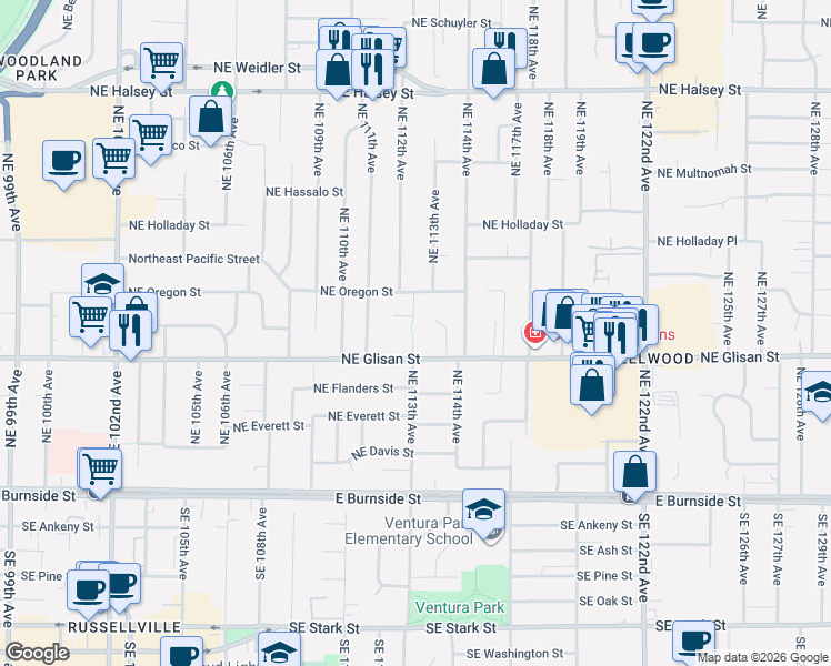 map of restaurants, bars, coffee shops, grocery stores, and more near 11307 Northeast Glisan Street in Portland
