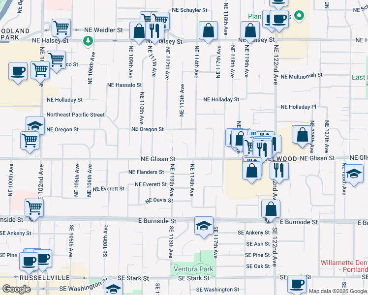 map of restaurants, bars, coffee shops, grocery stores, and more near 11349 Northeast Glisan Street in Portland