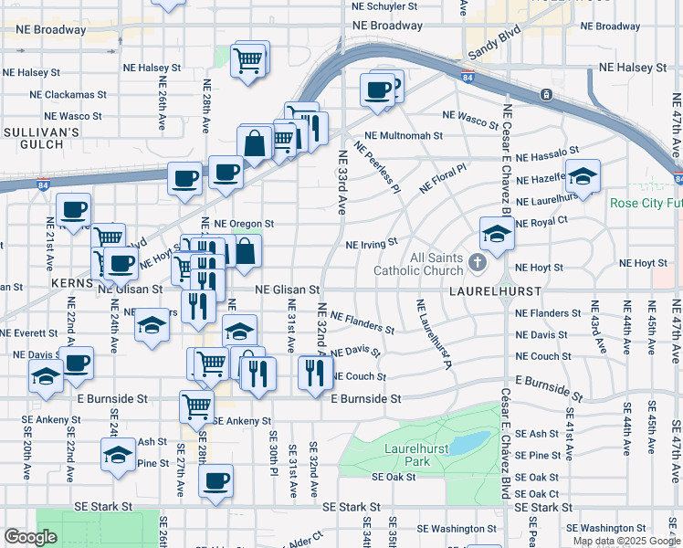 map of restaurants, bars, coffee shops, grocery stores, and more near 3229 Northeast Glisan Street in Portland