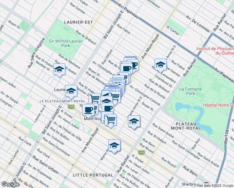 map of restaurants, bars, coffee shops, grocery stores, and more near 933 Avenue du Mont-Royal Est in Montréal