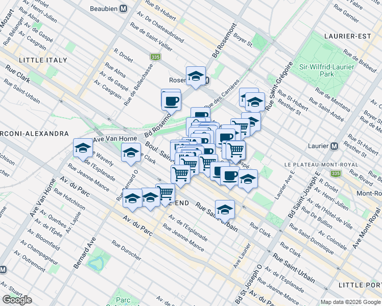 map of restaurants, bars, coffee shops, grocery stores, and more near 5583 Rue Saint-Dominique in Montréal