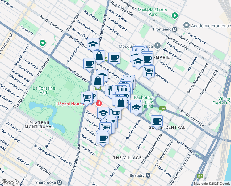 map of restaurants, bars, coffee shops, grocery stores, and more near 2089 Avenue Goulet in Montréal