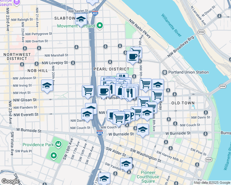 map of restaurants, bars, coffee shops, grocery stores, and more near 512 Northwest 12th Avenue in Portland