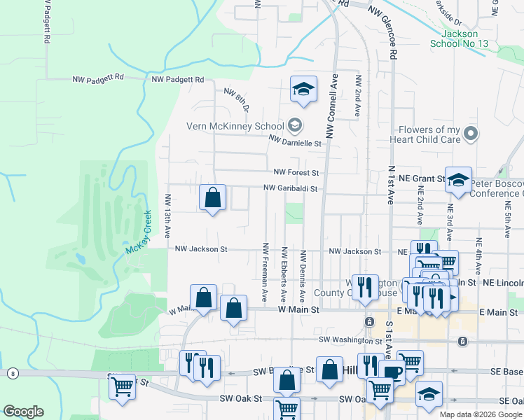 map of restaurants, bars, coffee shops, grocery stores, and more near 437 Northwest Freeman Avenue in Hillsboro