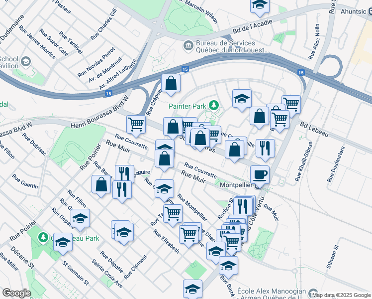 map of restaurants, bars, coffee shops, grocery stores, and more near in Montréal