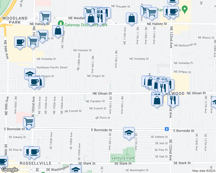 map of restaurants, bars, coffee shops, grocery stores, and more near 11243 Northeast Glisan Street in Portland