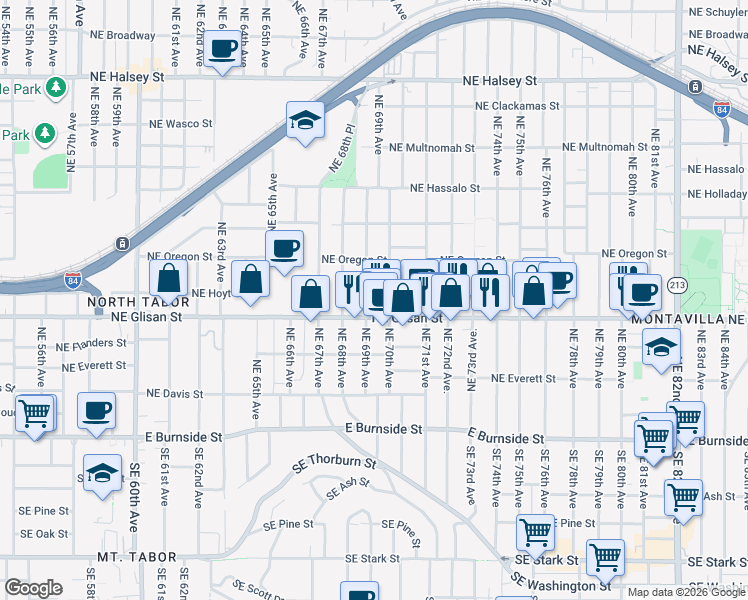 map of restaurants, bars, coffee shops, grocery stores, and more near 6925 Northeast Glisan Street in Portland