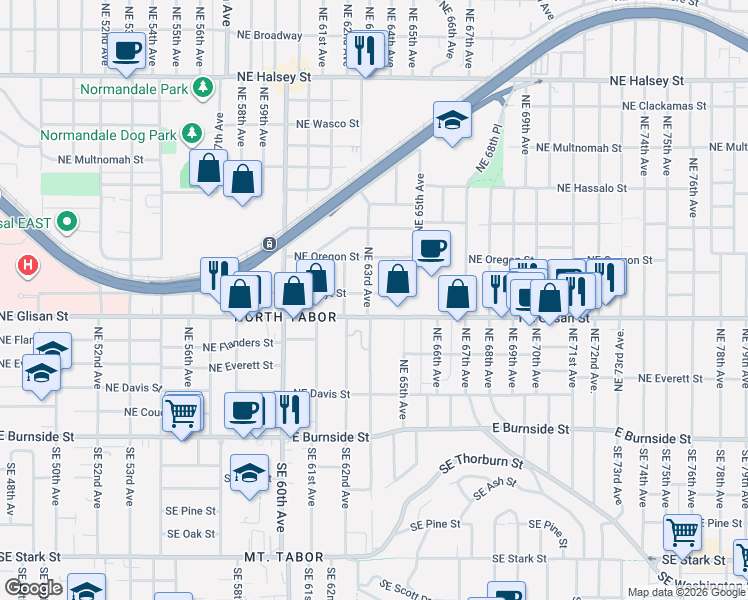 map of restaurants, bars, coffee shops, grocery stores, and more near 6323 Northeast Glisan Street in Portland