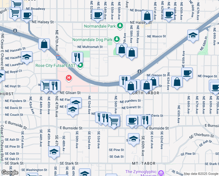 map of restaurants, bars, coffee shops, grocery stores, and more near 5525 Northeast Glisan Street in Portland