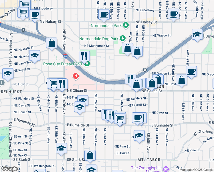 map of restaurants, bars, coffee shops, grocery stores, and more near 5301 Northeast Glisan Street in Portland