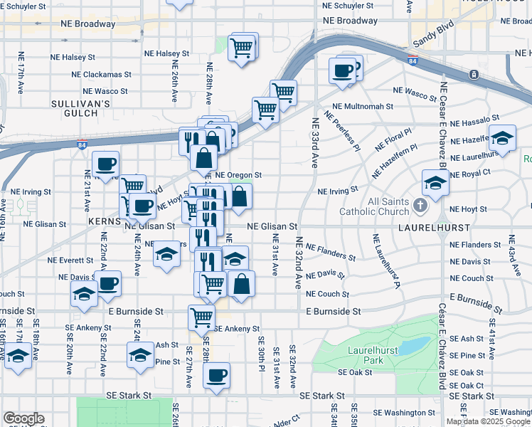 map of restaurants, bars, coffee shops, grocery stores, and more near 3016 Northeast Glisan Street in Portland