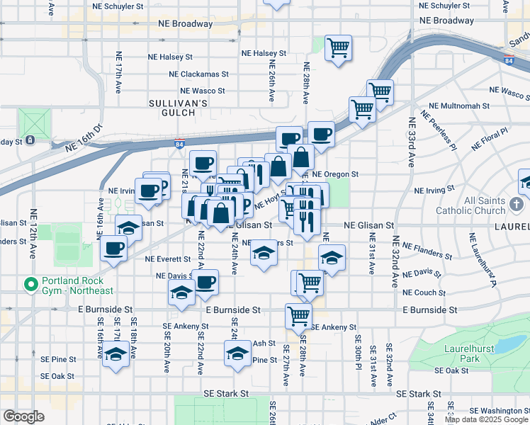 map of restaurants, bars, coffee shops, grocery stores, and more near 2525 Northeast Glisan Street in Portland