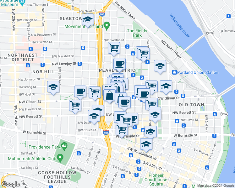 map of restaurants, bars, coffee shops, grocery stores, and more near 1436 Northwest Glisan Street in Portland