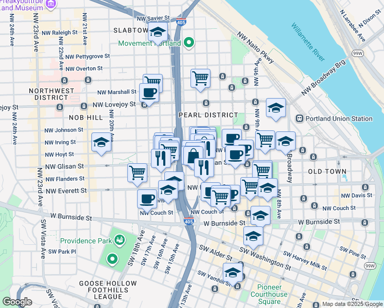 map of restaurants, bars, coffee shops, grocery stores, and more near 464 Northwest 15th Avenue in Portland