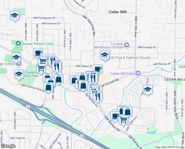 map of restaurants, bars, coffee shops, grocery stores, and more near 12595 Northwest Cornell Road in Portland