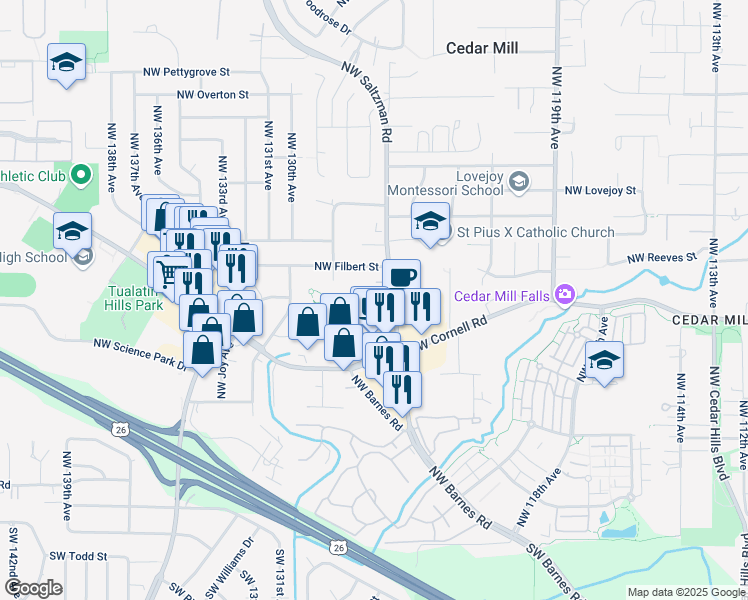 map of restaurants, bars, coffee shops, grocery stores, and more near 12750 Northwest Dogwood Street in Portland