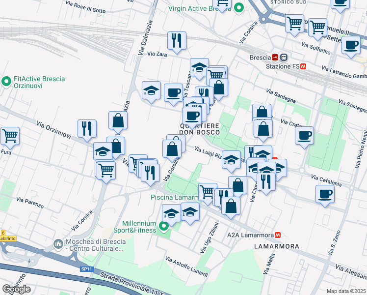map of restaurants, bars, coffee shops, grocery stores, and more near 301 Via Corsica in Brescia