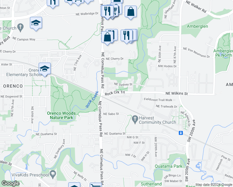 map of restaurants, bars, coffee shops, grocery stores, and more near 21417 Northwest Rockne Way in Beaverton