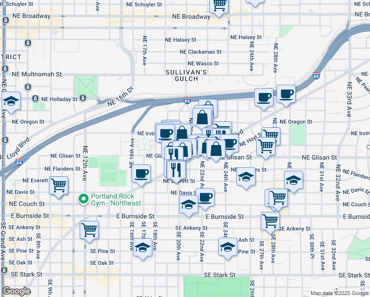 map of restaurants, bars, coffee shops, grocery stores, and more near 2050 Northeast Hoyt Street in Portland