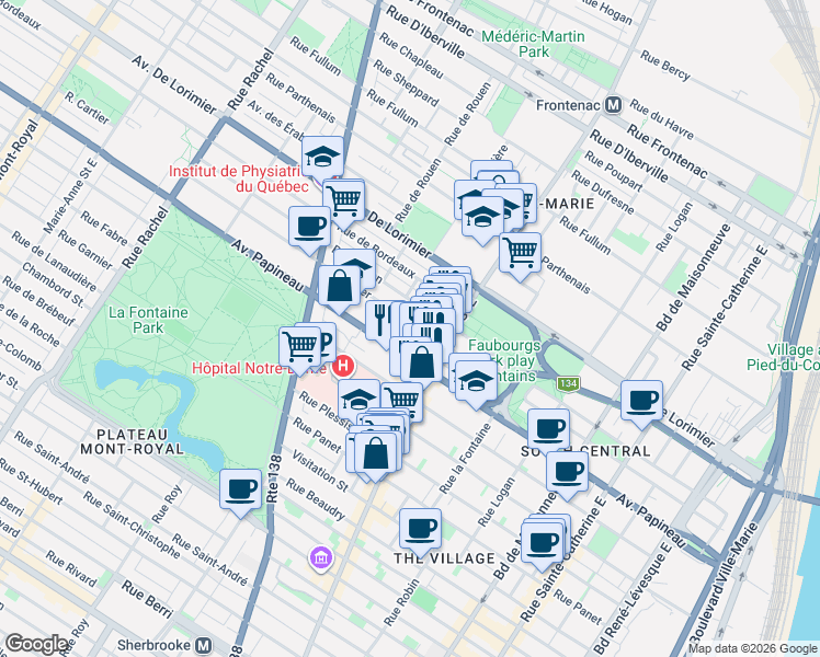 map of restaurants, bars, coffee shops, grocery stores, and more near 2078 Rue Cartier in Montréal