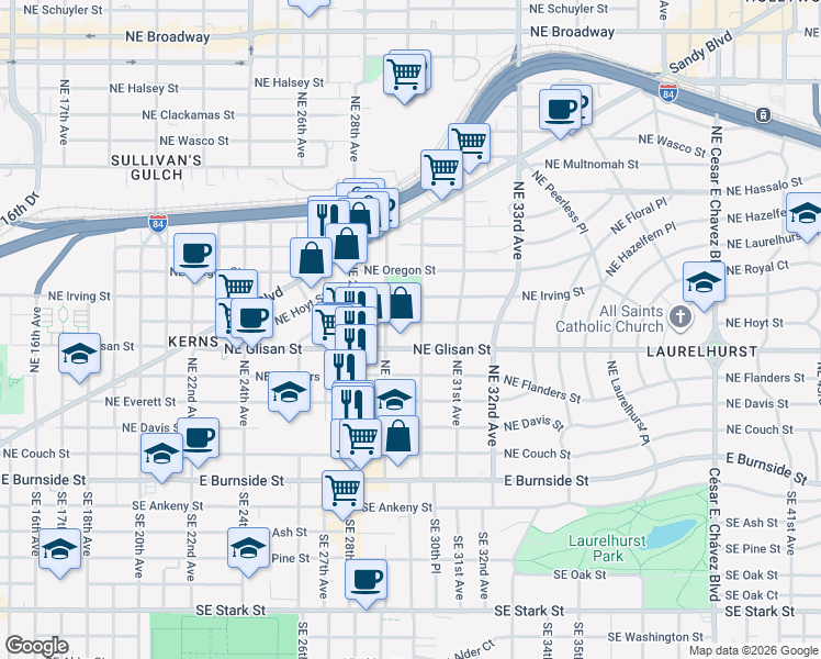 map of restaurants, bars, coffee shops, grocery stores, and more near 2944 Northeast Hoyt Street in Portland
