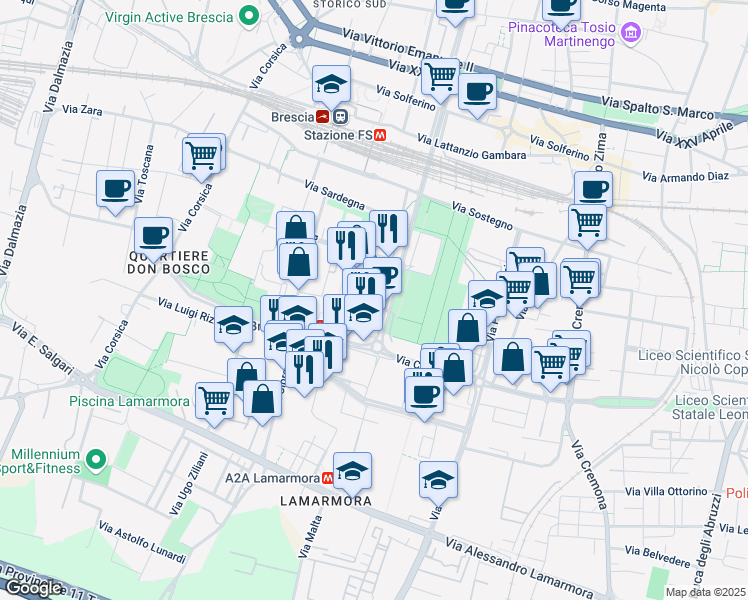 map of restaurants, bars, coffee shops, grocery stores, and more near 12 Via Malta in Brescia