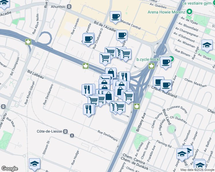 map of restaurants, bars, coffee shops, grocery stores, and more near 160 Rue Benjamin Hudon in Montréal