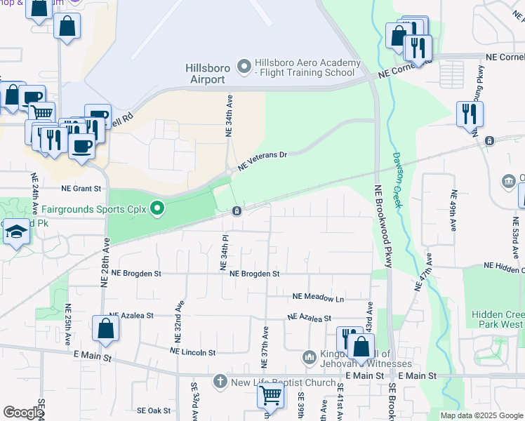 map of restaurants, bars, coffee shops, grocery stores, and more near 491 Northeast 37th Avenue in Hillsboro