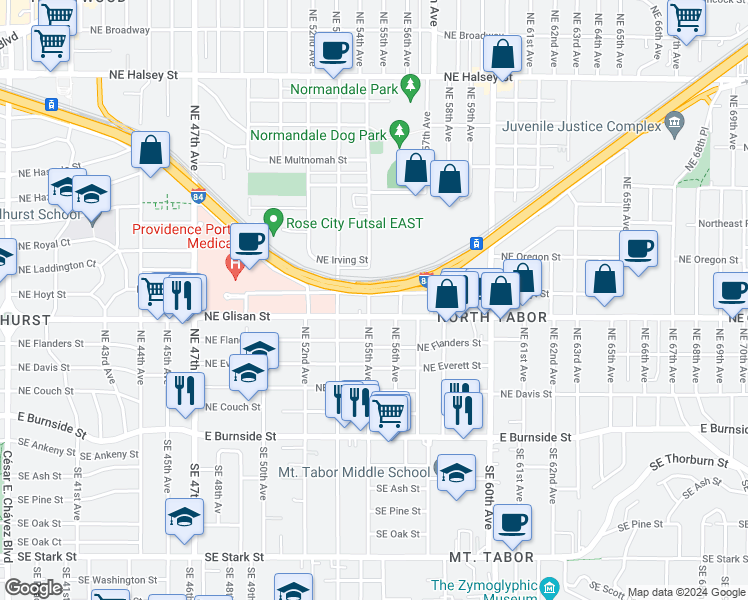 map of restaurants, bars, coffee shops, grocery stores, and more near 5506 Northeast Hoyt Street in Portland