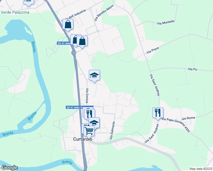 map of restaurants, bars, coffee shops, grocery stores, and more near 2 Via Alessandro Volta in Curtarolo