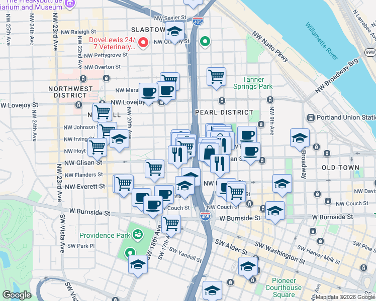 map of restaurants, bars, coffee shops, grocery stores, and more near 535 Northwest 16th Avenue in Portland