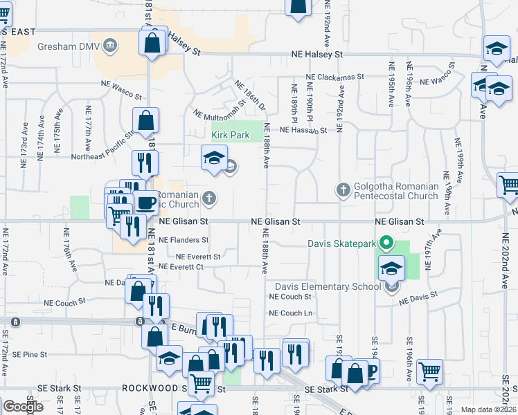 map of restaurants, bars, coffee shops, grocery stores, and more near 18707 Northeast Glisan Street in Portland