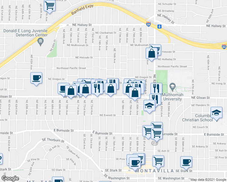 map of restaurants, bars, coffee shops, grocery stores, and more near 535 Northeast 76th Avenue in Portland