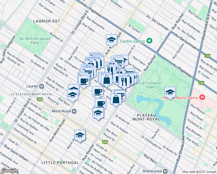 map of restaurants, bars, coffee shops, grocery stores, and more near 4347 Avenue Christophe-Colomb in Montréal
