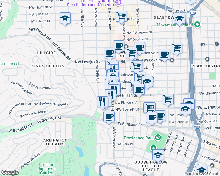 map of restaurants, bars, coffee shops, grocery stores, and more near 2307 Northwest Hoyt Street in Portland