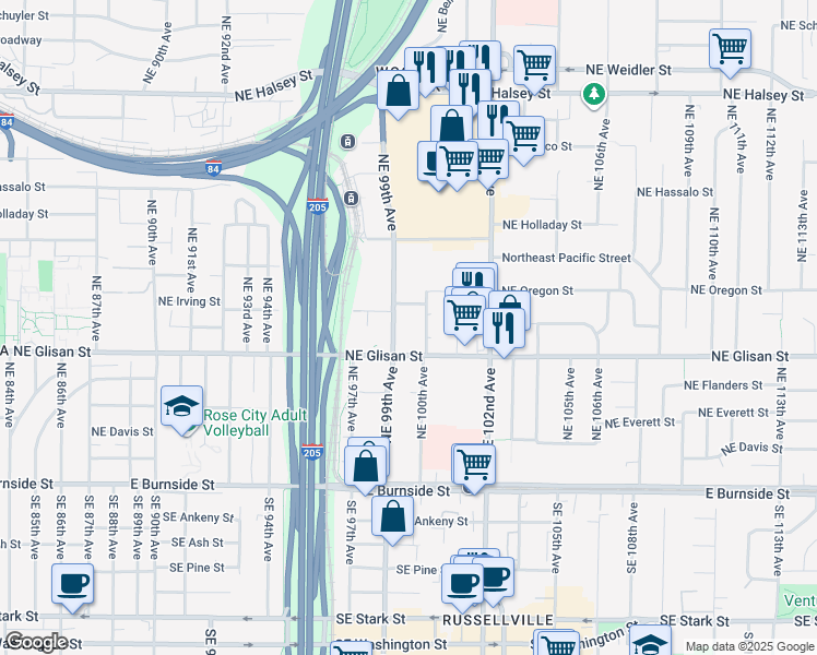 map of restaurants, bars, coffee shops, grocery stores, and more near 610 Northeast 99th Avenue in Portland