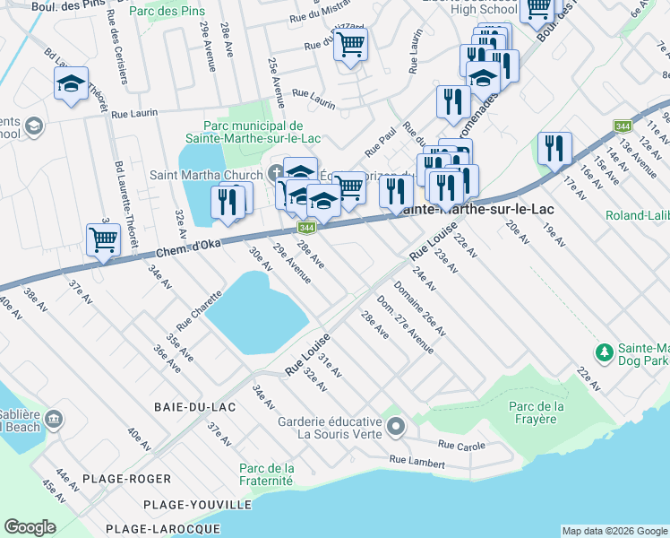 map of restaurants, bars, coffee shops, grocery stores, and more near 133 Avenue 28e in Sainte-Marthe-sur-le-Lac