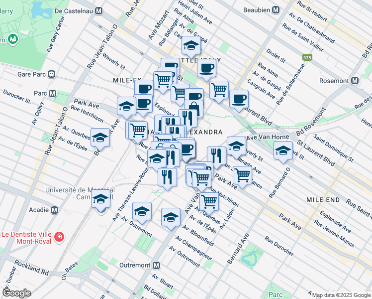 map of restaurants, bars, coffee shops, grocery stores, and more near 6355 Avenue du Parc in Montréal