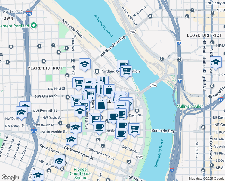 map of restaurants, bars, coffee shops, grocery stores, and more near in Portland