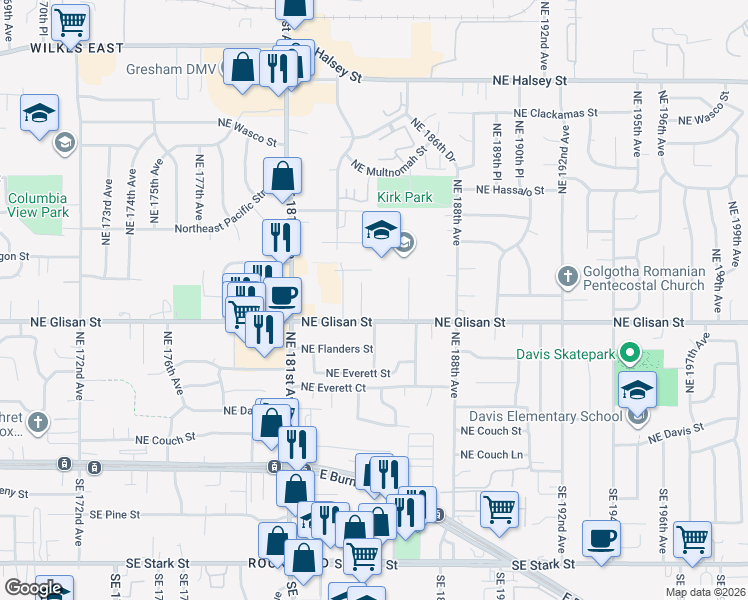 map of restaurants, bars, coffee shops, grocery stores, and more near 18427 Northeast Glisan Street in Portland