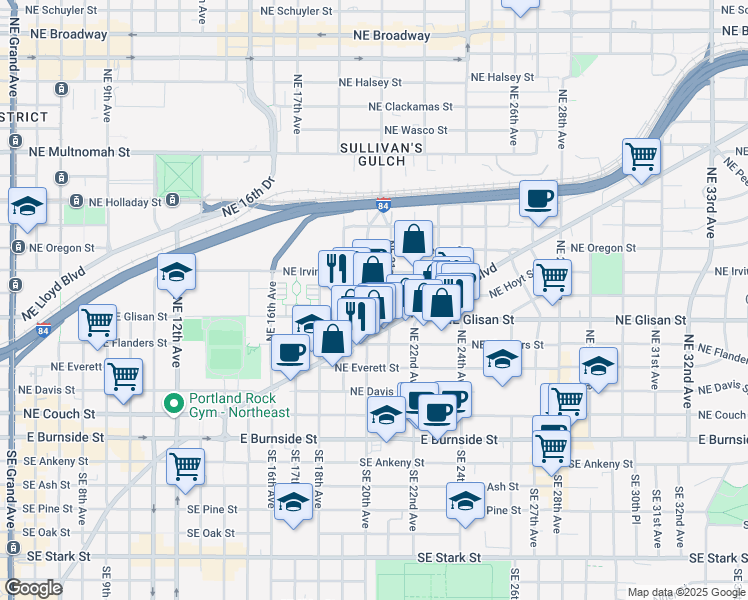 map of restaurants, bars, coffee shops, grocery stores, and more near 2141 Northeast Sandy Boulevard in Portland
