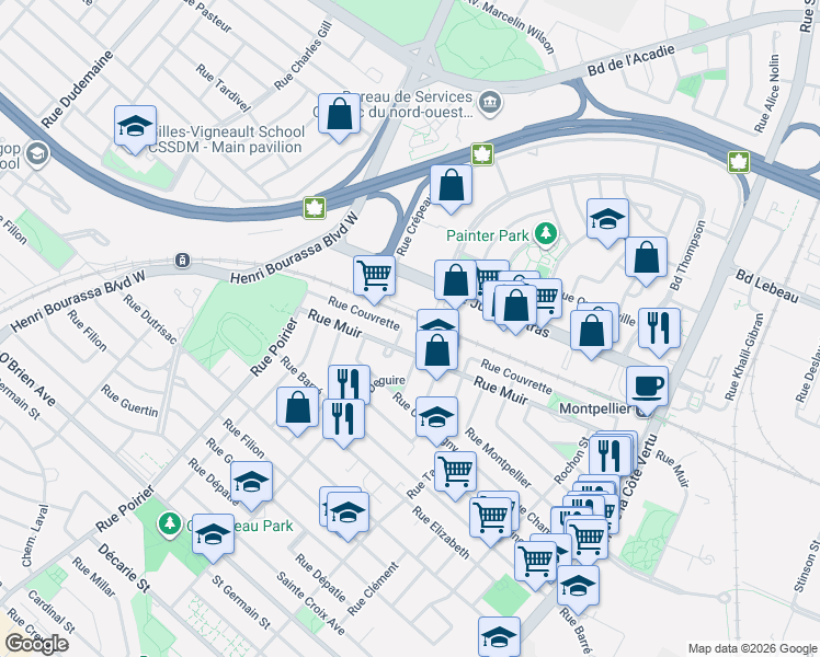 map of restaurants, bars, coffee shops, grocery stores, and more near 1597 Rue Couvrette in Montréal